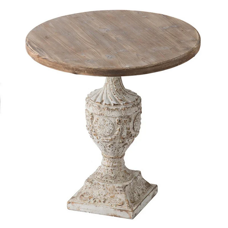 31 Inch Accent Side Table, Pedestal Urn Base, Round Top, Antique White