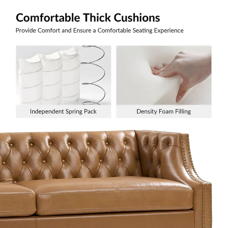 Eugne Transitional Genuine Leather Tufted Design Sofa with Solid Wood Legs by HULALA HOME