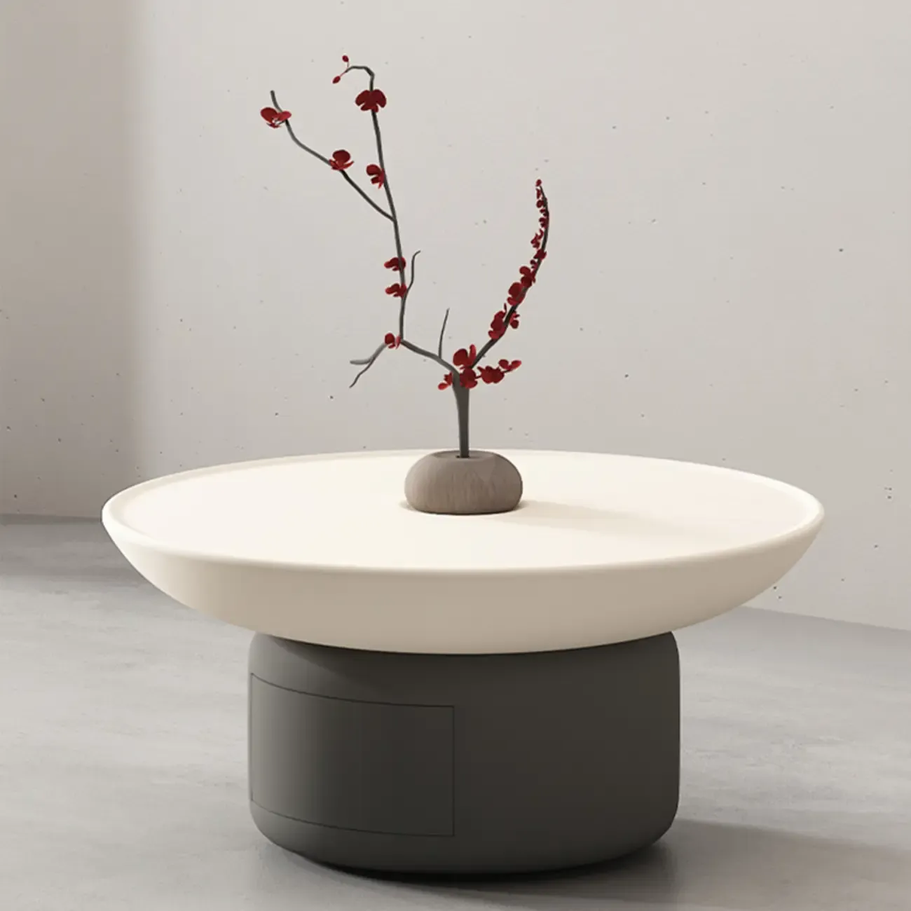 Gray White Round Minimal Wood Coffee Table with Drawer