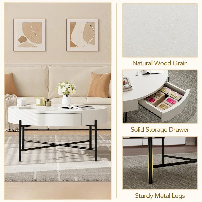 Round Coffee Table with with Two Drawers - Natural