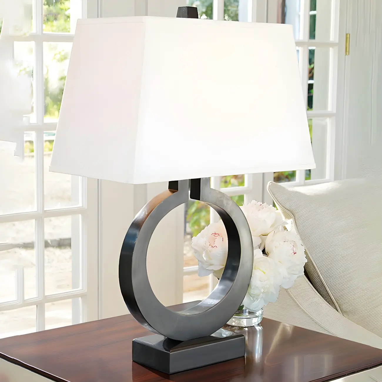 Gold Ring LED Table Lamp Square Base & Rectangle Shade