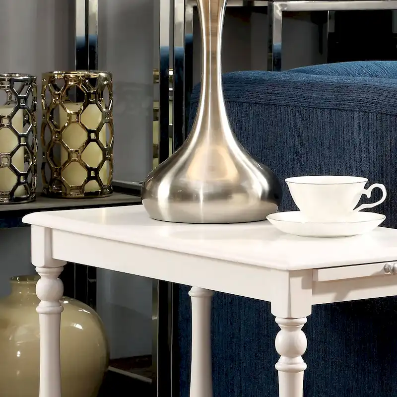 Farmhouse Solid Wood Side Table with Pull-Out Tray & Bottom Shelf – White, Single