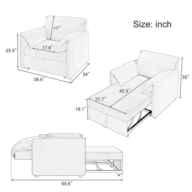 Roomfitters Convertible Sofa Bed, 3 in 1 Sleeper Chair with Adjustable Backrest and Thick Cushions, Linen Frame