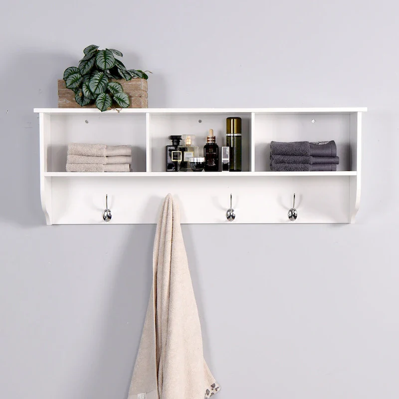Wall Mounted Coat Rack W/ 4 Dual Hooks, Wood Storage Shelf Small Space