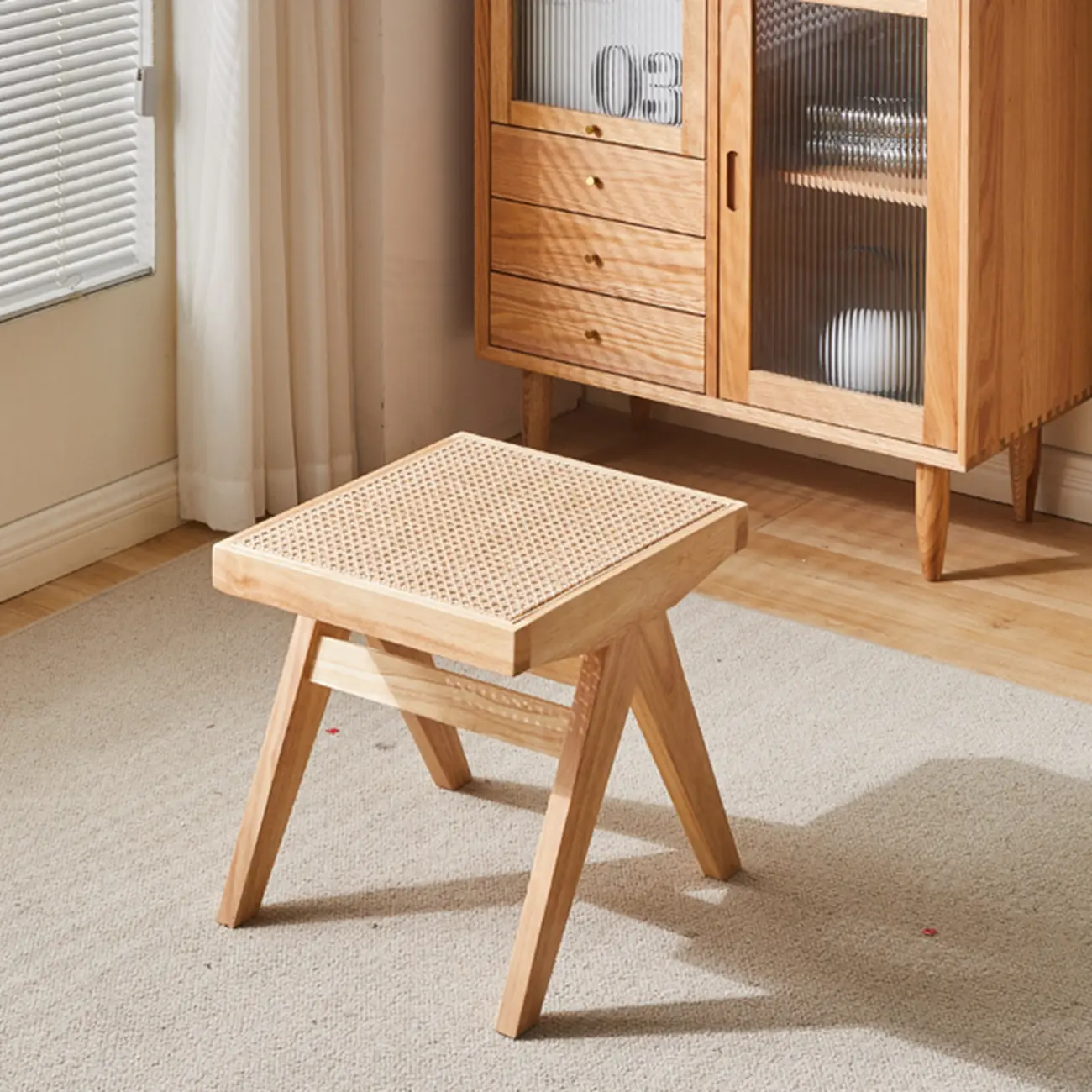 Elegant Rattan Top Finish Wooden Rectangular Cherry Benches