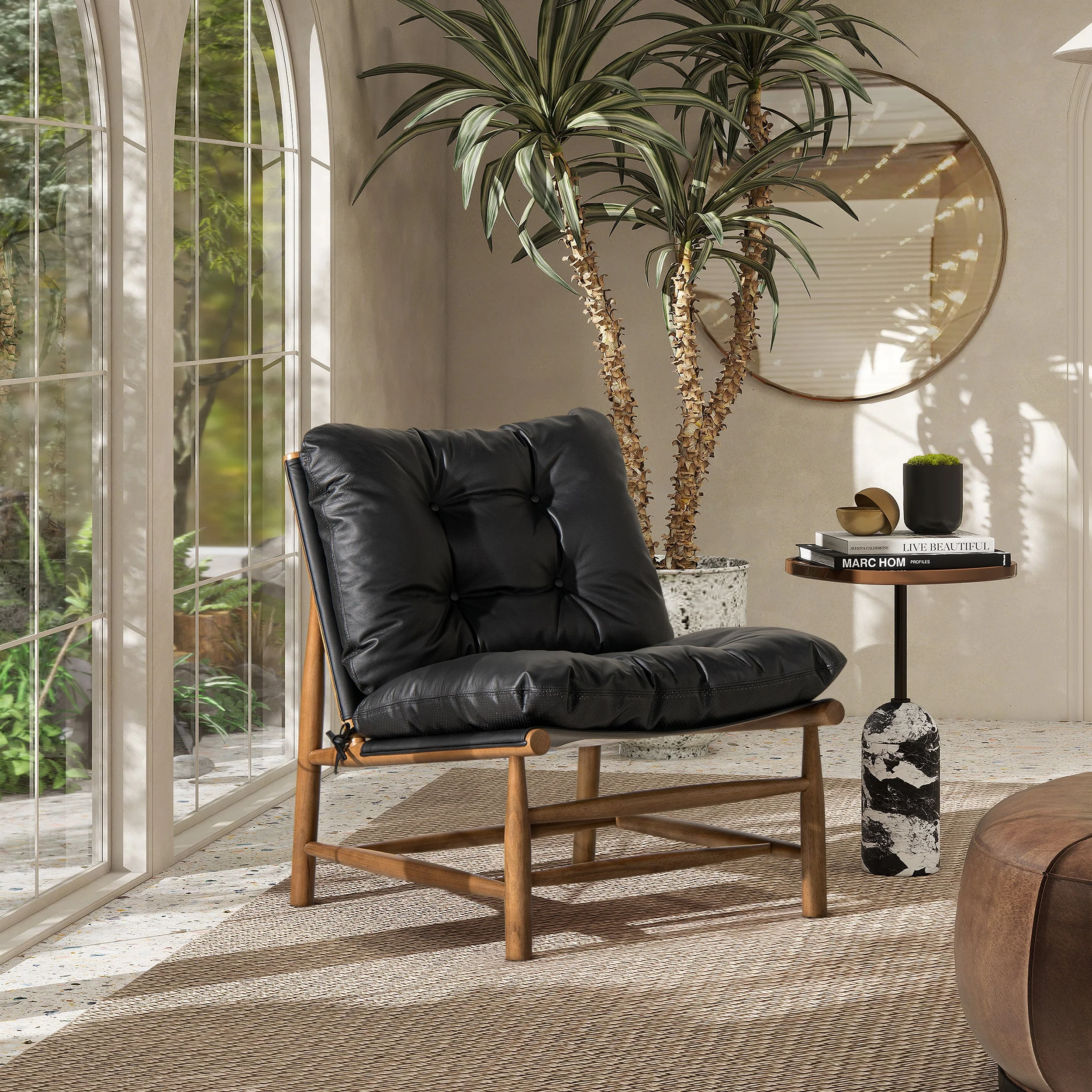 Oxford 26.5' Noir Black Leather Mid-Century Modern Accent Chair