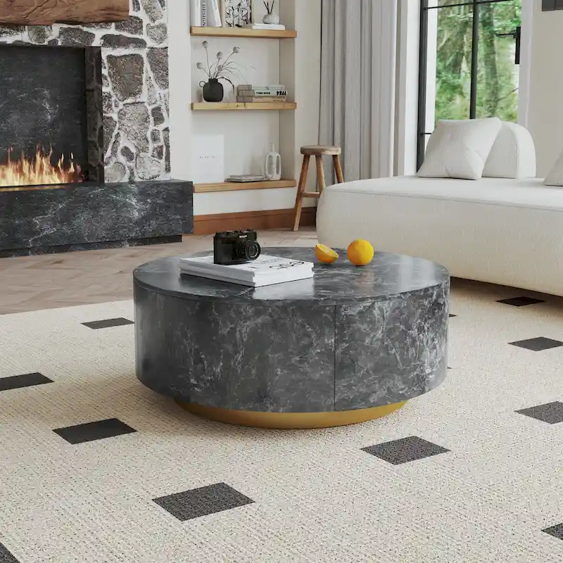 Modern Faux Marble Round Coffee Table Center Table with 2 Drawers, Fully Assembled