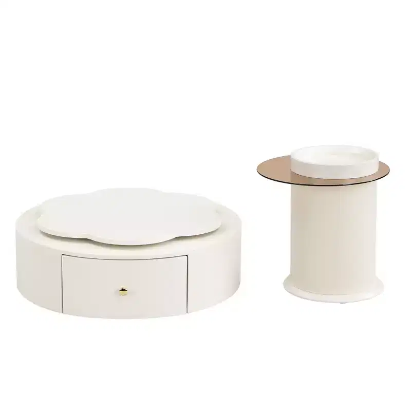 360 Rotatable Coffee Table Round Nesting Coffee Table with Flower Top & 2 Drawers, Accent Table Cocktail Table End Table Side Table-ModernLuxe