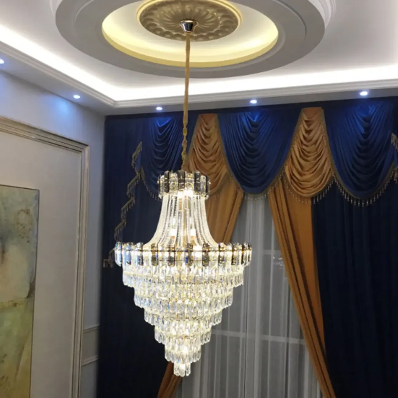 Luxury Long Cascading Crystal Gold Chandelier