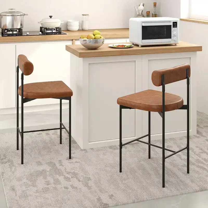 Costway 26 Upholstered Bar Stools Set of 4 with Padded Cushion & Backrest Footrest Brown/Gray