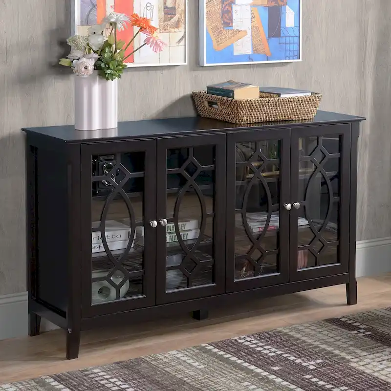 HOMCOM Wood Accent Sideboard Buffet Serving Storage Cabinet with 4 Framed Glass Doors, Adjustable Shelves - 54W x 15.5D x 32H