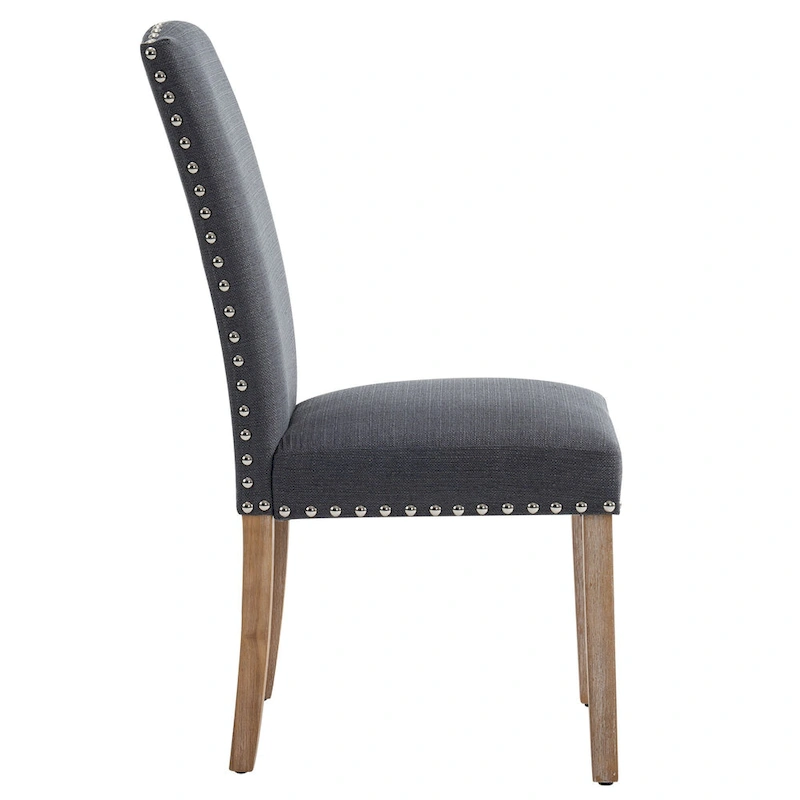 Set of 2 Gray Fabric Dining Chairs with Nailhead Trim