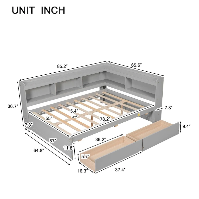 Full Bed with L-shaped Bookcases, Drawers ,Espresso