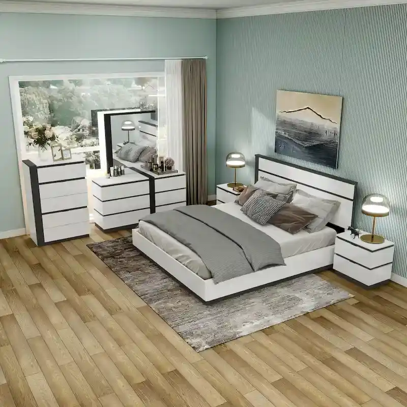 6-Piece Platform Bedroom Set, White & Grey, Modern, 4 USB Ports, 15 Drawers, Queen/King/Cal King