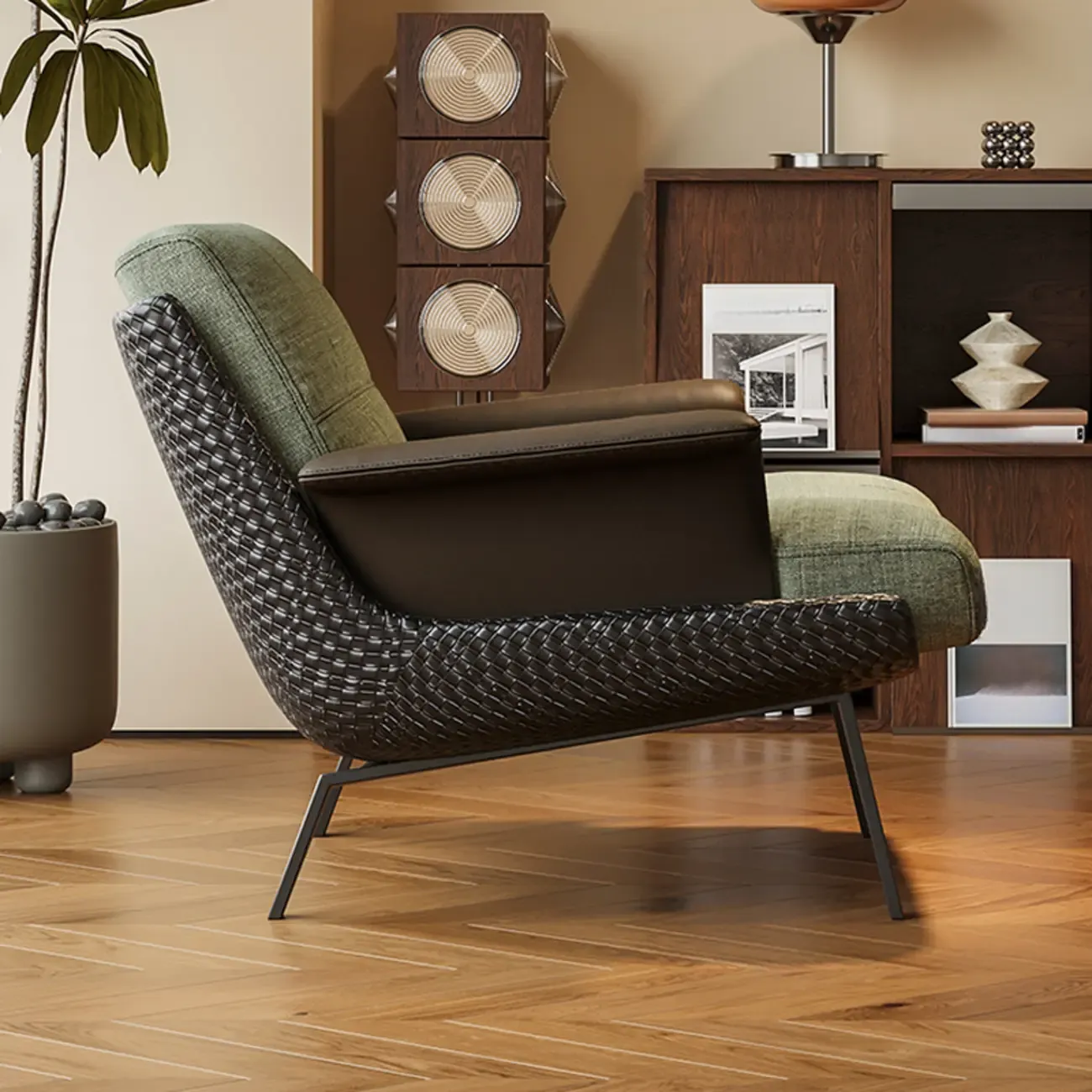 Modern Wingback Armrest Accent Chair Cotton Linen Fabric