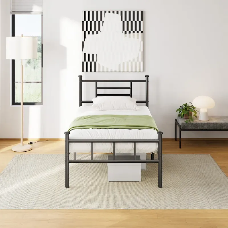 Classic Metal Platform Base with Headboard and Footboard, Round Corner Legs Mattress Slide Stopper