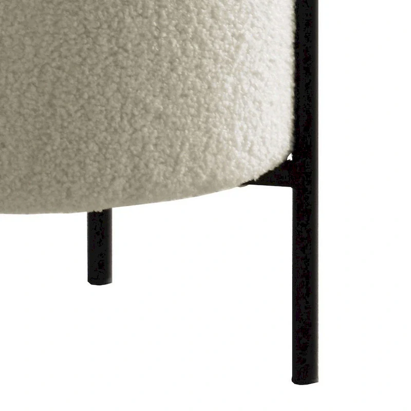 18 Inch Modern Foam Ottoman, Beige Faux Sheep Skin, Matte Black Metal Legs