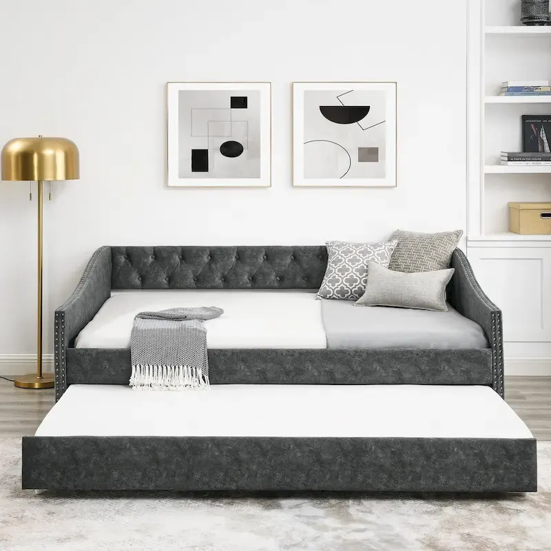 Upholstered Daybed Frame with Trundle & Tufted Backrest