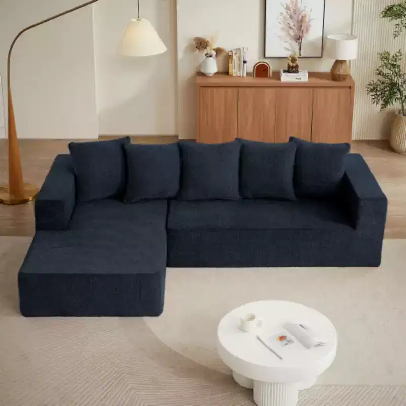 Beige Chenille L-Shaped Sectional Sofa, Seats 4