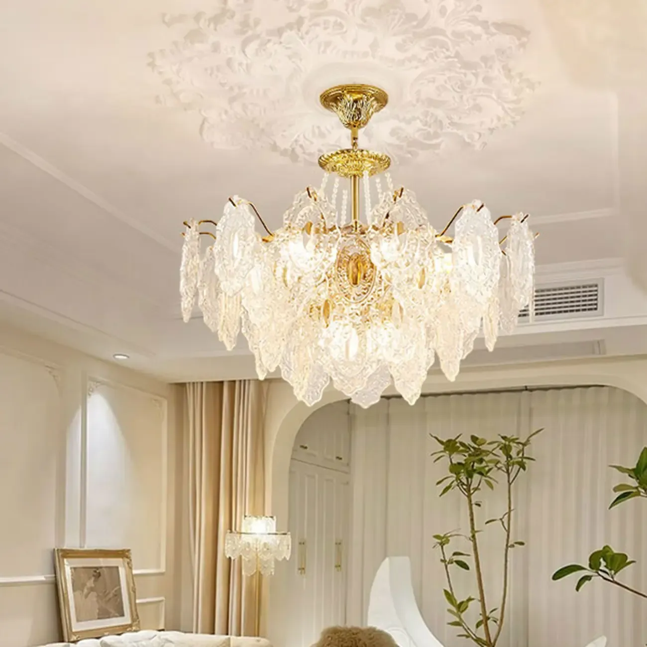 Luxurious Gold Crystal Leaf Round Pendant Chandelier