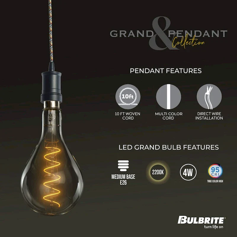 Bulbrite LED Grand Bulb and Pendant Kit of (1) 4 Watt Clear Glass 13  Pear Shaped Bulb