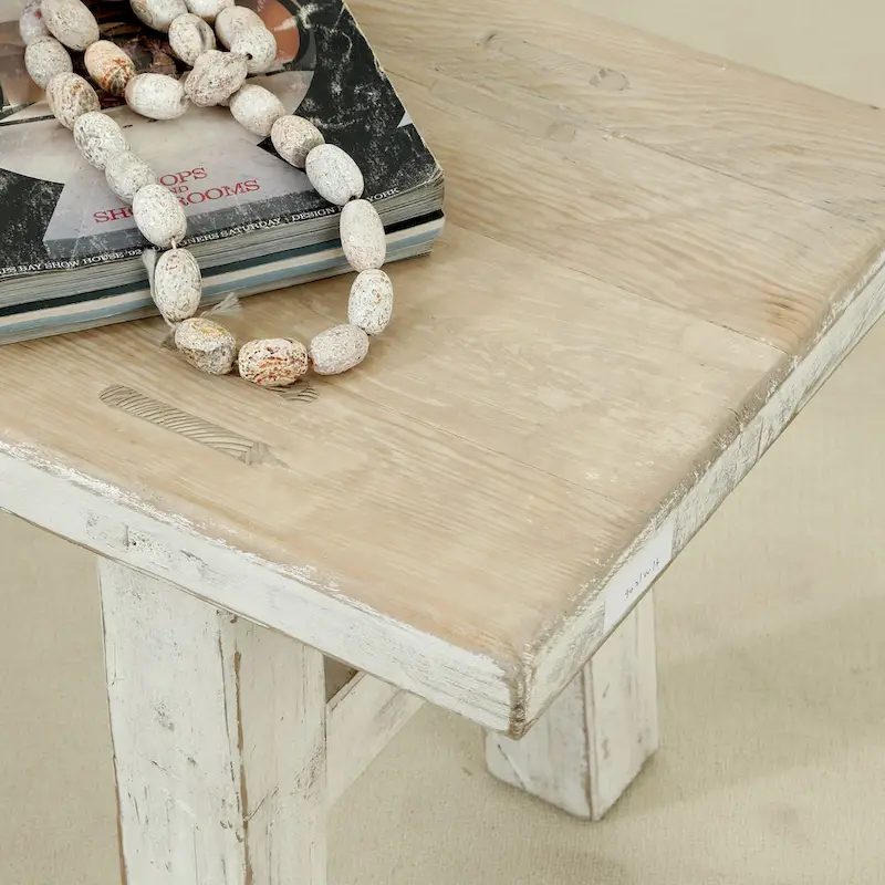 Artissance Small Amalfi Old Pine Wood Bench, 47 Inch Long, Antique Off White Finish