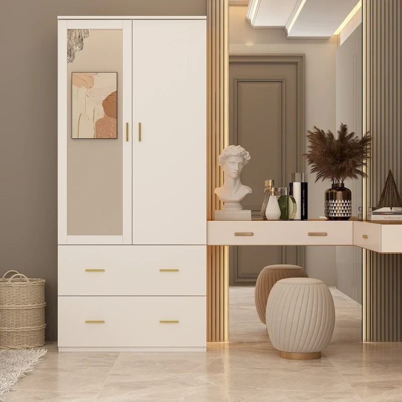 Armoire Wardrobe with Mirror, Drawers, and Hanging Rod