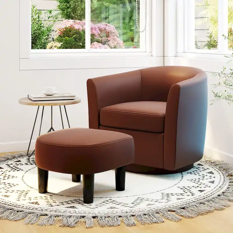 Swivel Barrel Chair with Ottoman Footrest Curved Backrest