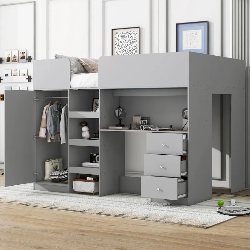 Grey Full Size Solid Wood Loft Bed with Built-in Wardrobe, Desk, and Shelves