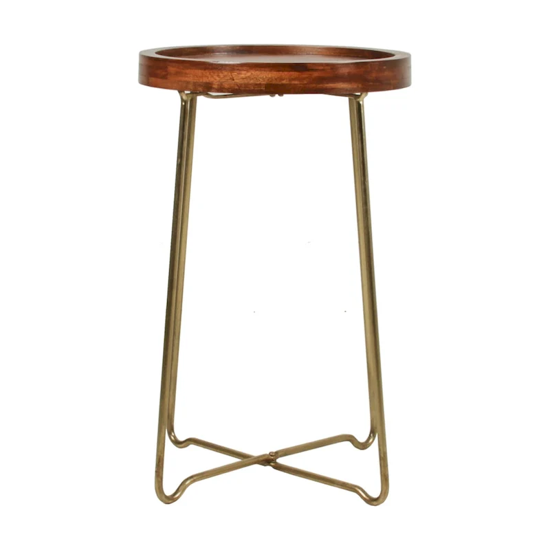 Gold Iron And Natural Wood Round Accent Table by