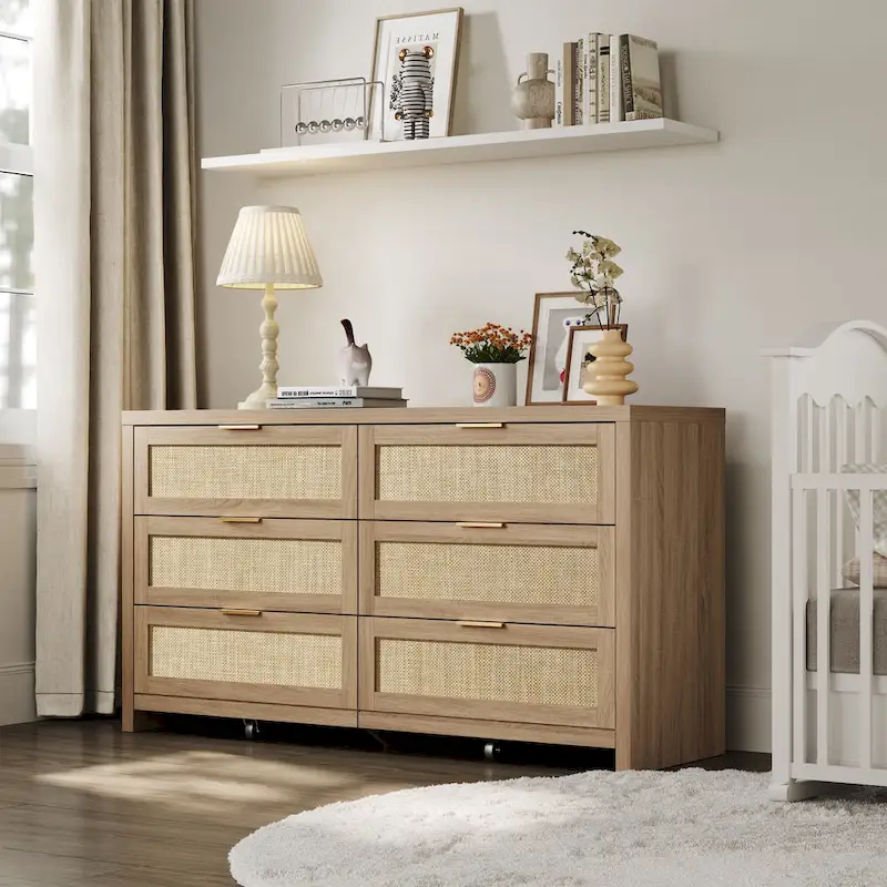 Set of 2 Elegant Right Angled Dresser with 6 Rattan Woven Drawers