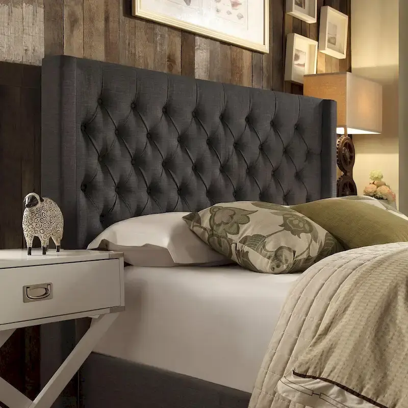 Detmold Queen Wingback Button Tufted Linen Fabric Headboard