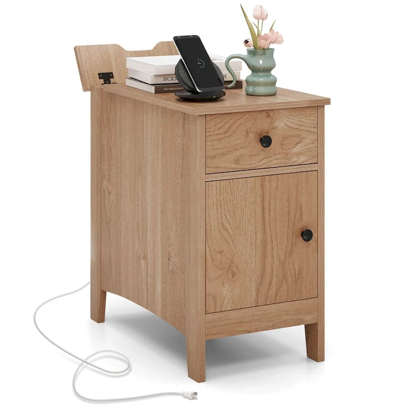 Costway 1/2 PCS End Table with Charging Station Flip Top Bedside Table