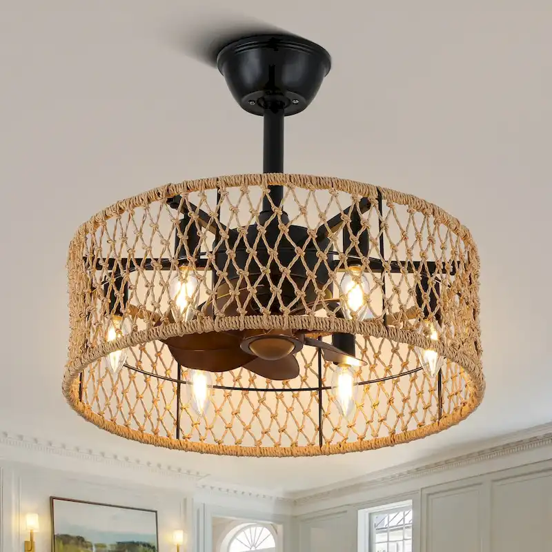 CurveCurio 20  Rustic Flax Woven Ceiling Fan with Integrated Light and Remote Control - 3 Speeds, Quiet Motor for Boho Decor