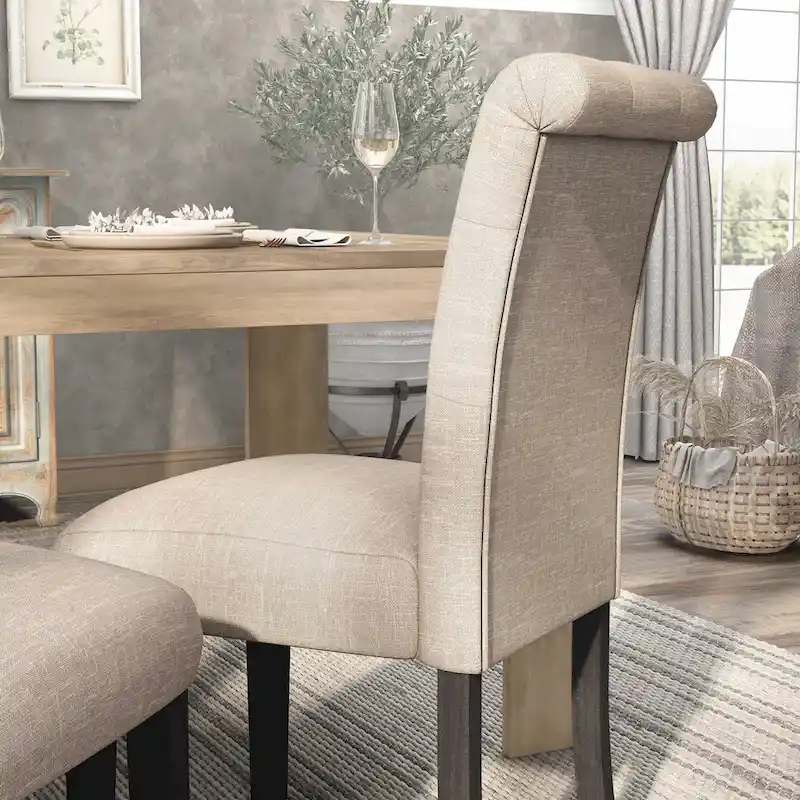 Brec Farmhouse Marble Top 5-Piece Round Dining Table Set with Tufted Chairs by