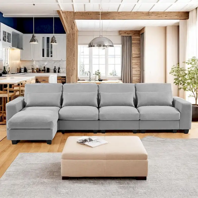 Modern Convertible L-Shaped Linen Feather Filled Reversible Sectional Sofa