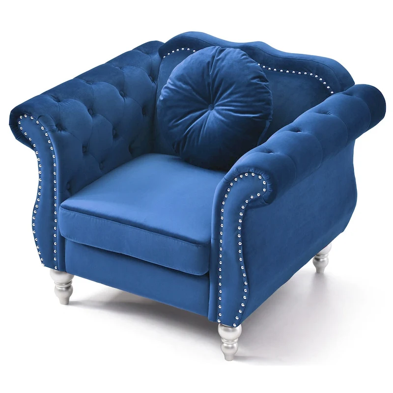 Hollywood Chesterfield Tufted Velvet Accent Chair with Round Throw Pillow - 39L x 35W x 34H