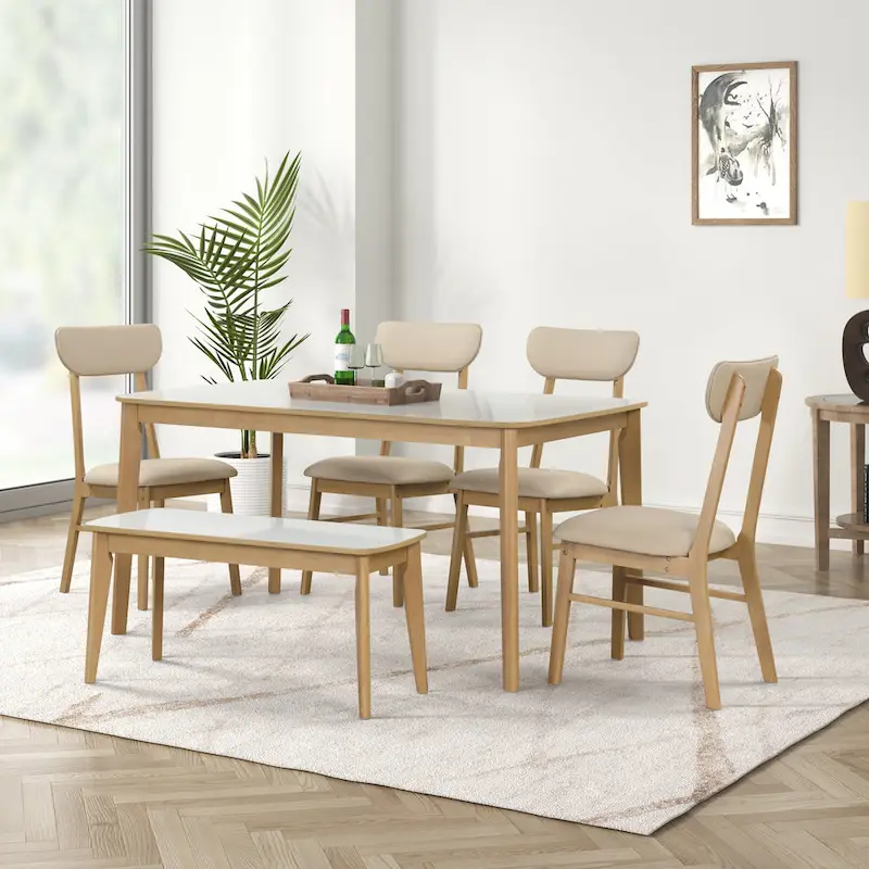 6-piece Rectangular Dining Table Set with 4 Upholstered Dining Chairs and Bench Modern Casual Dining Table Set for Kitchen