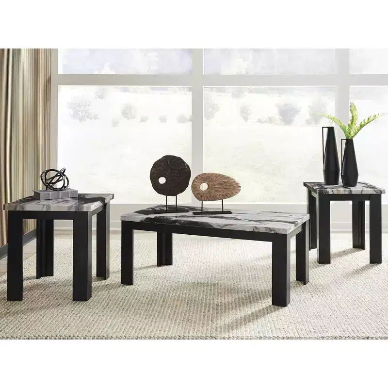 3-Piece Coffee Table Set with End Tables - Dark Brown/Faux Marble Finish