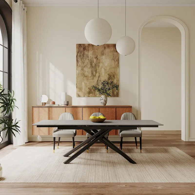 9 - Piece Extendable Rectangular Sintered Stone Cross Legs Dining Set With 8 Chairs