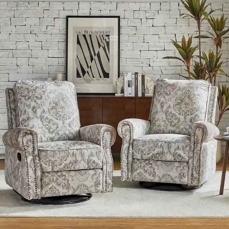 Roderich Farmhouse Floral Print Swivel Rocker Recliner with Rolled Arms Set of 2 by HULALA HOME