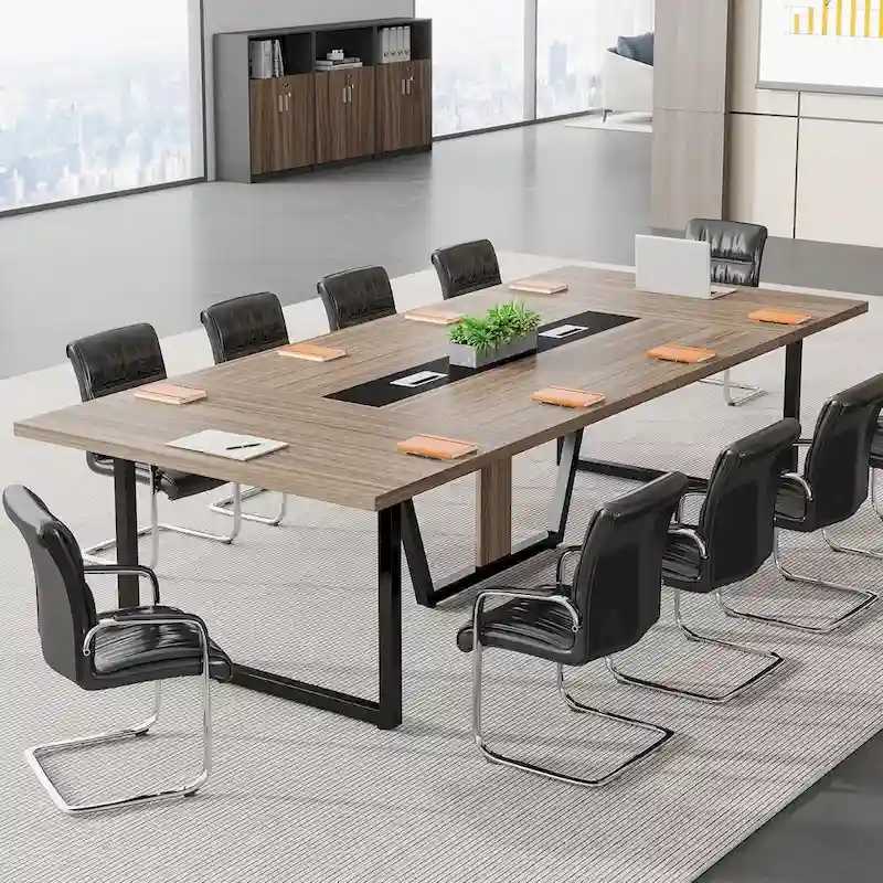 Large Rectangular Conference Table with Cable Management – Brown / Grey, Seats 8–10