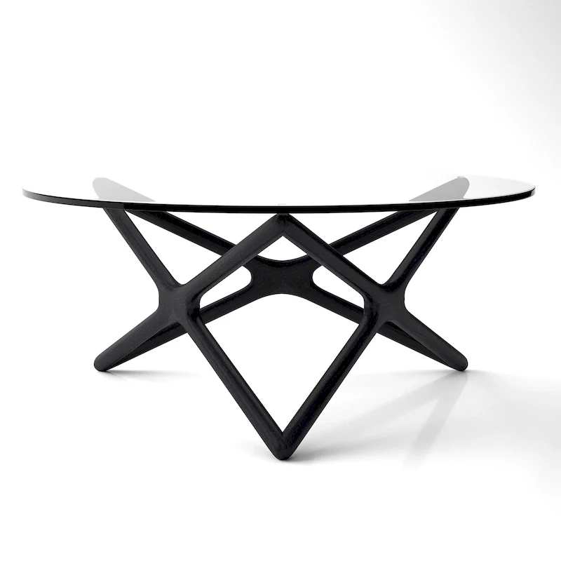 Coffee Table - 39.5 Tempered Glass Top, American Ash Wood, 6-Point Cross Base, Modern Design