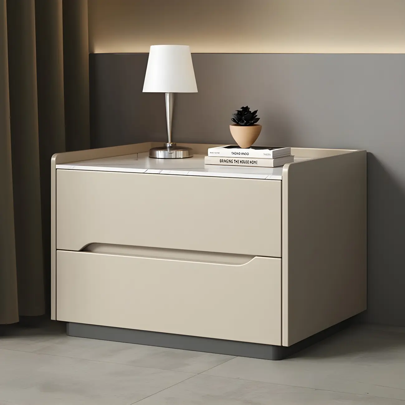 Modern Khaki Leather Stone Top 2-Drawer Nightstand