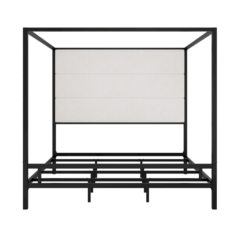 Sleek Modern Metal Canopy Bed with Tall Linen Upholstered Headboard