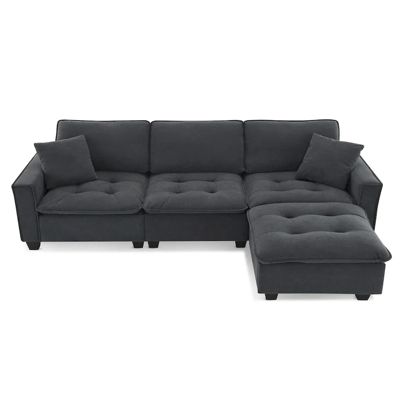100 L-Shaped Convertible 4 Seater Sectional Sofa with Removable Ottoman and Matching Pillows, Suede Velvet Upholstery