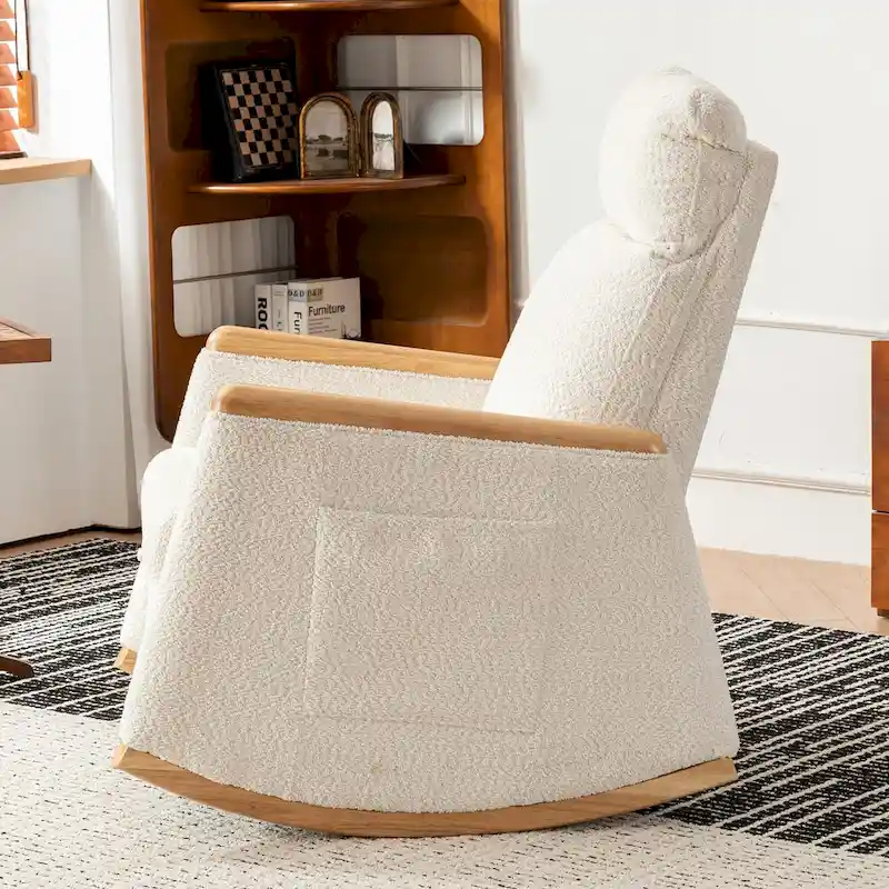 Accent Rocking Chair with Footrest High Back Rubber Wood Rocking Legs Bedroom Living Space