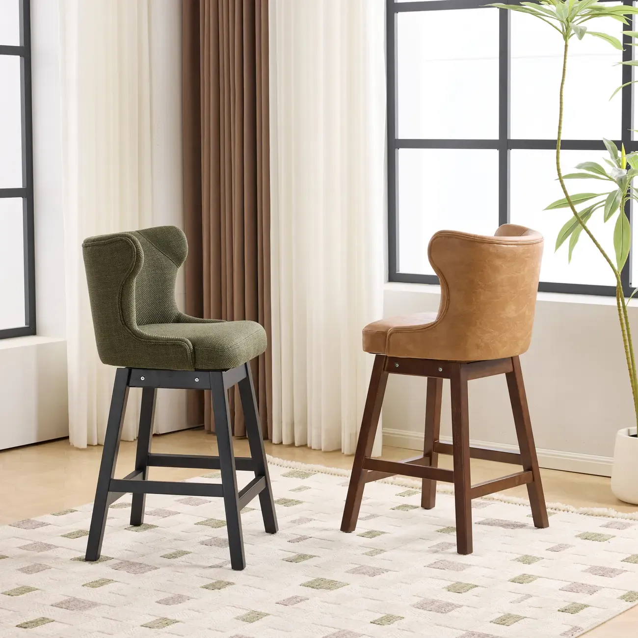 Set Of 2 Bar Height Mid-century Modern Upholstered Bar Stools