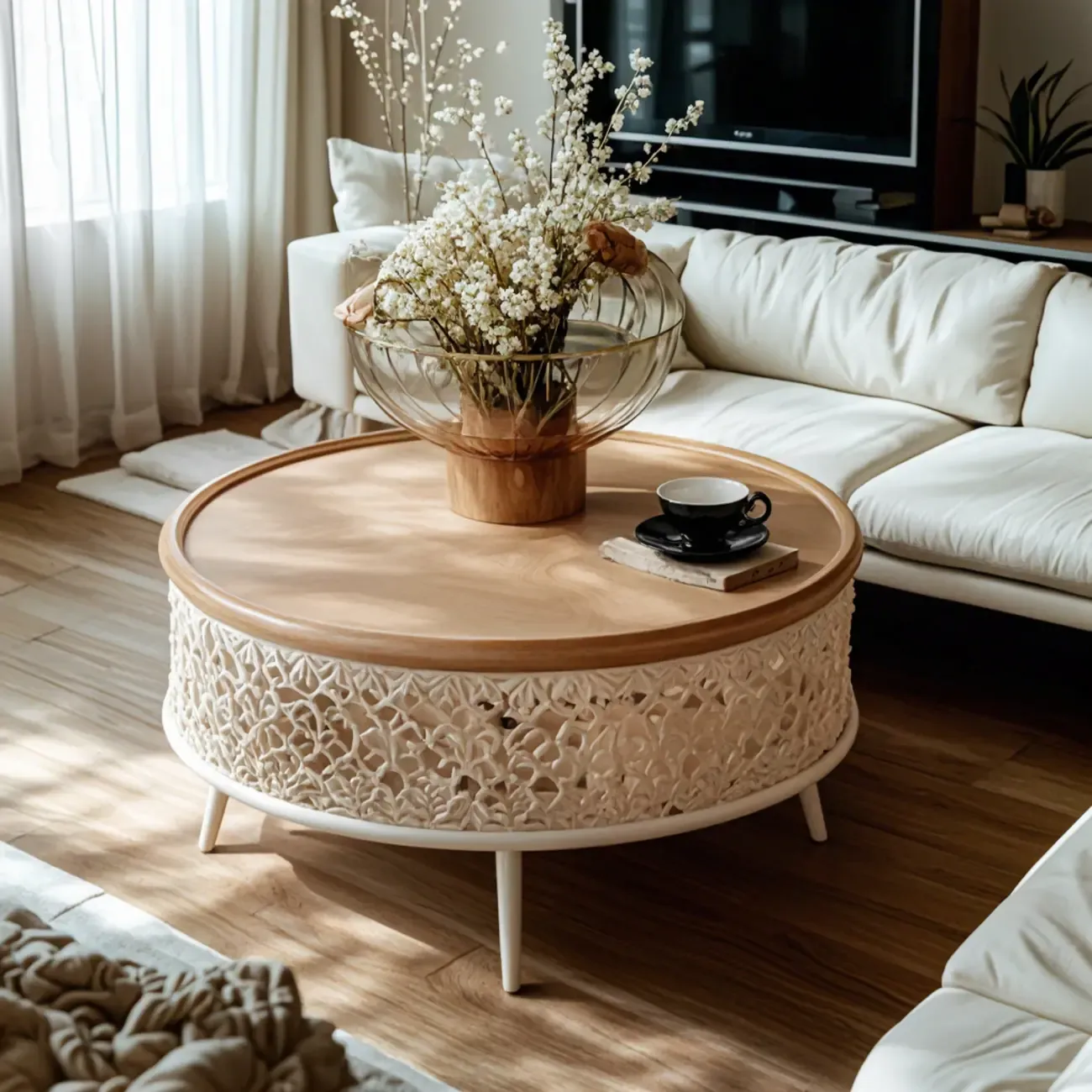 Natural Sophisticated Hollowed French Round Wood Coffee Table