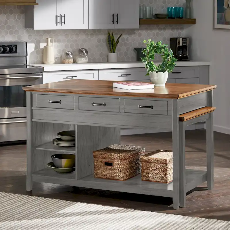 Two-Tone Antique Finish Extendable Kitchen Island with 3 Drawers